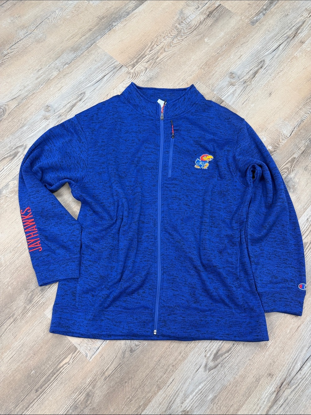 Champion Blue Kansas Jayhawks Full-Zip Track Jacket with Red Sleeve Text